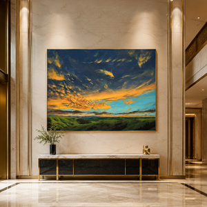 Drammatico Tramonto su Colline Ondulate, Dipinto a Olio Fatto a Mano, Nuvole Dorate e Arancioni, Paesaggio Impressionista, Cielo Colorato, Arte su Tela - Product Image 1