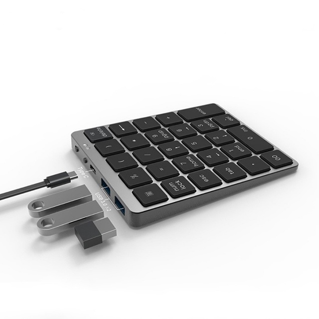 Wireless Keyboard Number Pad 28 Keys Aluminum Rechargeable Wireless Numeric Keypad with USB HUB Port Numpad Financial Accounting