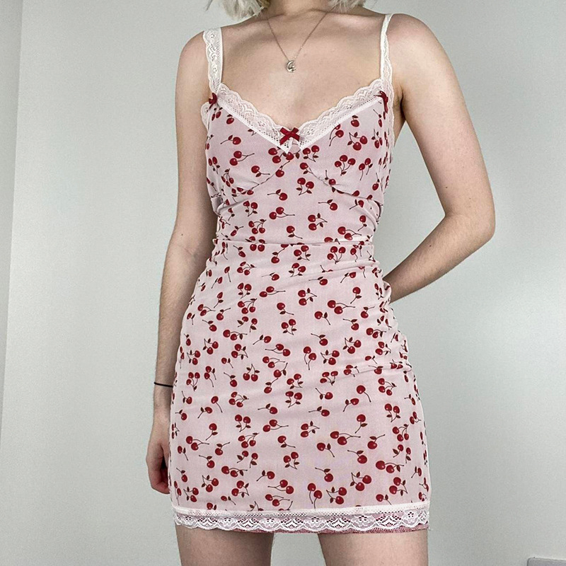 Shop Our Pink Cherry-Printed Dress with Bowknot and Lace Trim Shop Our Pink Cherry-Printed Dress with Bowknot and Lace Trim