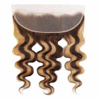 Miel marrón Piano color P4/27 brasileño de alta calidad paquetes de cabello humano rizado 10A resaltar paquetes de cabello con cierre Frontal