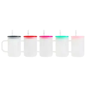 Tazze da camper in vetro borosilicato con coperchi e cannucce in plastica colorata pp tazza da caffè in vetro trasparente sublimabile da 17 once con coperchio in pp