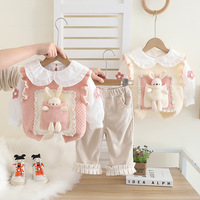 Titel Peutermeisjes lente driedelige outfit 3D Bunny Decor Ruffle Collar gebreide top corduroy broek schattige kledingset
