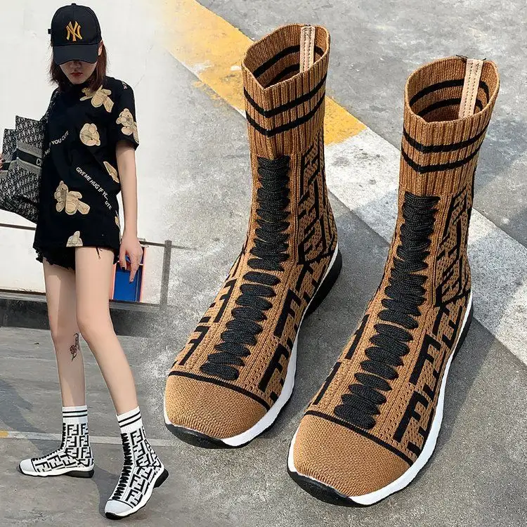 Women Boots Slip On Western Ankle Boots Platform Knitted Ladies Autumn Socks Boots for Women Fashion Female Booties