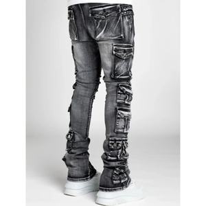 Jeans de Hombre Apilados Irregularmente, Diseño Personalizado al por Mayor, Lavado a la Piedra, Estilo Desgastado, Corte Recto Medio para Otoño/Invierno, Patchwork - Product Image 2