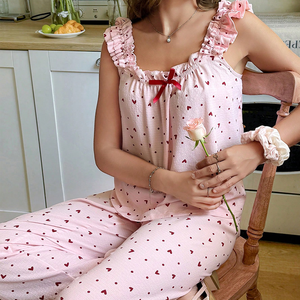Custom <strong>Women</strong> Heart Print <strong>Cotton</strong> Summer Ruffled Top Pyjamas Wholesale Bamboo Pajamas Cami Sets Loungewear PJ <strong>for</strong> <strong>Women</strong> - Product Image 1