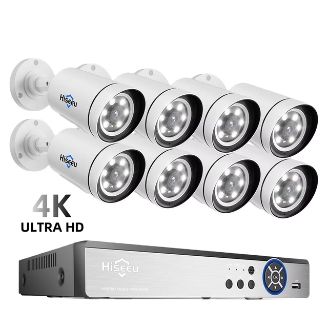 Hiseeu IP Street Poe Video Surveillance CCTV Security Camera System Two-Way Audio Color Night Vision Outdoor 4K SD Card Cloud