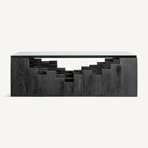 Table basse moderne en bois de manguier avec plateau en verre noir de luxe, écologique, pour salon - Product Image 2