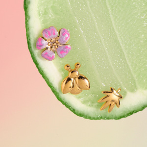 Floral <b>Bee</b> Leaf Stud Earrings 18K Gold Plated Stainless Steel <b>Gift</b> Jewelry Set For Women Fashion Accessories - Product Image 3