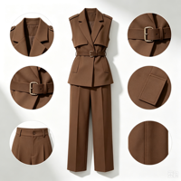 Ensemble deux pièces pour femme : veste sans manches ceinturée et pantalon droit taille haute