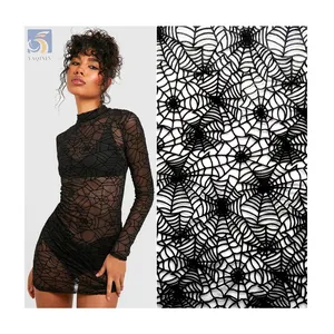 Latest Dark Black Soft Polyester Spider Web Pattern Design Flocking Tulle Mesh Fabric for Halloween Hijab Headwear
