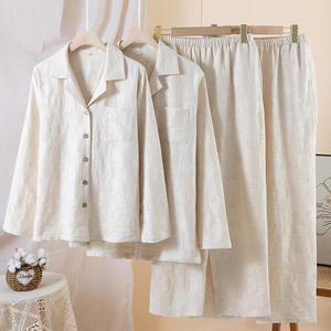 Nuevo Conjunto de pijama de lino y algodón ligero para parejas Simple Color sólido de manga larga cómodo cordón Casual verano invierno - Product Image 6