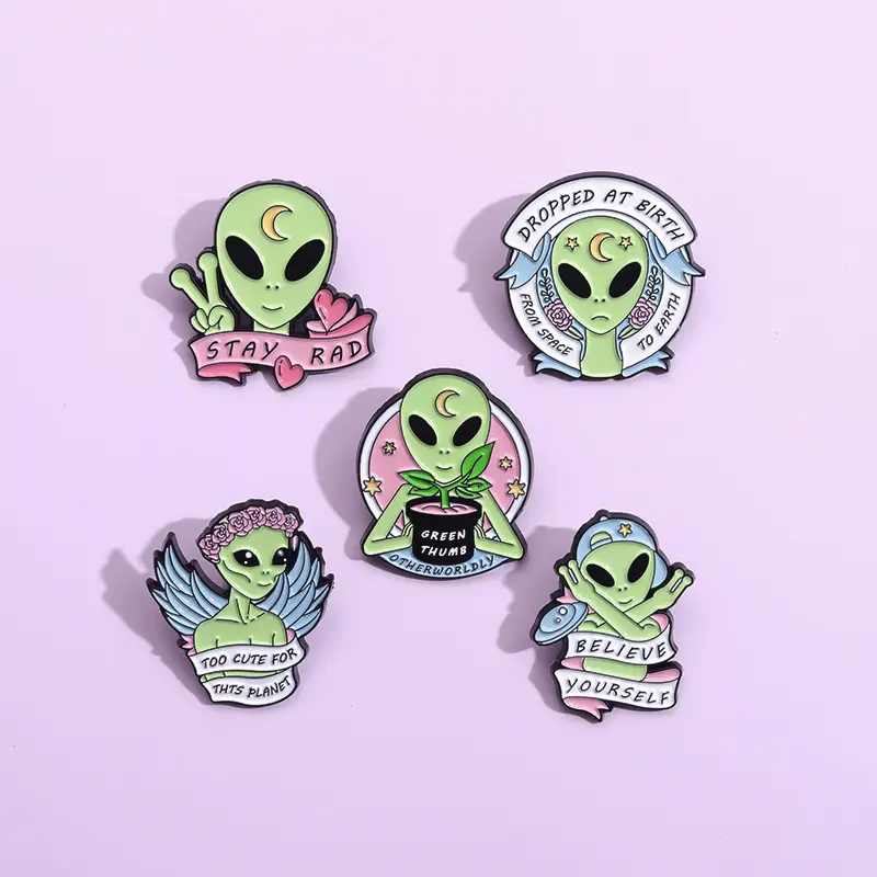 Professional Cartoon letter Alien And Ufo personality Metal Enamel Lapel Pin For Sale