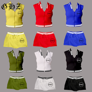 Conjunto de chándal ajustado de 3 piezas para mujer <span class=keywords><strong>con</strong></span> chaqueta <span class=keywords><strong>con</strong></span> cremallera, pantalones cortos y Sujetador deportivo, logotipo personalizado por encima de la rodilla - Product Image 6