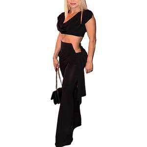 Ensemble de robe de club personnalisé 2026 pour femme – Haut court sans manches et pantalon, décolleté en V, découpe, silhouette droite, tenue en crêpe de polyester - Product Image 2