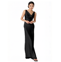 Nouvelle robe de soirée élégante pour femme en satin noir, col bénitier, sans manches, longueur ras du sol