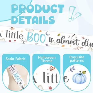 Décorations de fête prénatale d'Halloween : Écharpe « Un petit Boo est bientôt là » bleue, kit de corsages « Future maman et papa » avec citrouille, fantôme et chauve-souris - Product Image 5