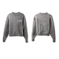 Maßgefertigter Schwerer Weicher Crop-Strickpullover für Damen Rundhals Jacquard-Muster Übergroßer Locker Sitzender Langarm-Strickpullover