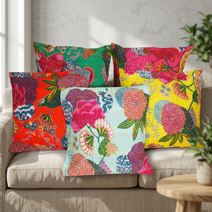 Housse de coussin carrée 16 pouces en coton 100% indien, broderie florale géométrique, artisanat traditionnel ethnique Kantha, décoration intérieure - Product Image 1