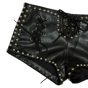 Wholesale Gothic Streetwear Women's Y2K Punk Faux Leather Mini Shorts Low Waist Lace-up Mini Shorts with <b>Rivet</b> & Grained Texture - Product Image 5
