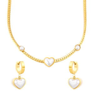 Conjunto de collar y aretes de perlas en forma de corazón, de acero inoxidable, conjunto de regalo de joyería de moda. - Product Image 5