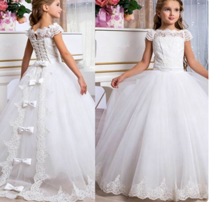 <span class=keywords><strong>Robe</strong></span> de Demoiselle d'Honneur Blanche en Tulle pour Enfants, <span class=keywords><strong>Robe</strong></span> de Princesse pour Cérémonie, Fête, Mariage, Demoiselle d'Honneur, Longue Traîne, Nœud au Dos, Dentelle Vintage - Product Image 3