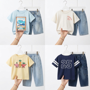 Ensemble jean et haut d'été en stock pour garçons et filles, tenue deux pièces en denim pour enfants, styles variés, vêtements en gros, tailles assorties - Product Image 5