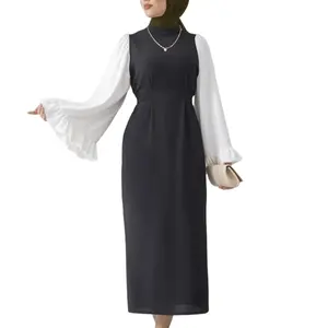 Satin Slim Fit Long Embroidery Dress Flare Sleeves For Dubai Malaysia Indonesia Turkey Modest Middle East Modest Muslim Abaya