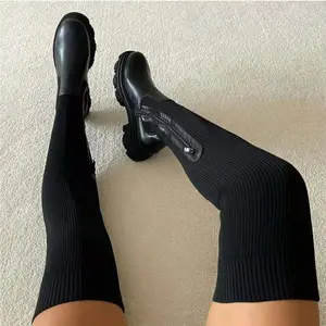 De inverno de espessura-over-the-knee botas de sola das mulheres trecho voar malha de lã botas altas dedo do pé redondo botas respiráveis