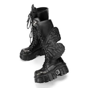 Botas Biker Plateadas Desgastadas Ultra Oscuras - Botas de Media Pantorrilla Estilo Punk con Plataforma Heavy Metal y Recortes de Alas de Mariposa para Mujer - Product Image 4