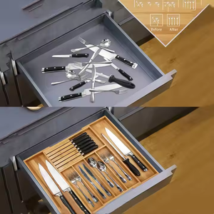 Tiroir extensible en bambou organisateur couverts ustensiles couverts rangement avec porte-bloc de couteaux séparateurs réglables amovibles - Product Image 4