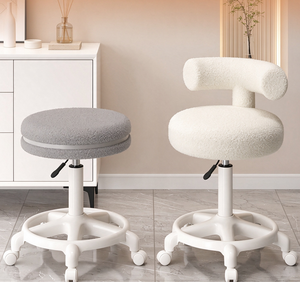 Fauteuil de salon moderne rembourré en fourrure, tabouret de barbier réglable à roulettes, mobilier de studio de beauté couleur crème - Product Image 2