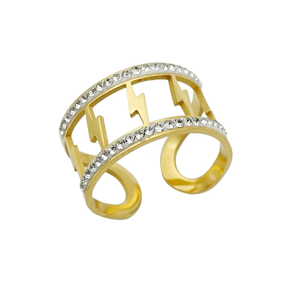 Винтажное регулируемое кольцо для женщин и мужчин из нержавеющей стали с покрытием из 14-каратного золота с цирконием и молнией, ювелирные изделия