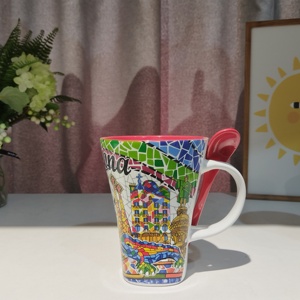 Juego de tazas de recuerdo impresas personalizadas de París y <span class=keywords><strong>Nueva</strong></span> <span class=keywords><strong>York</strong></span>, tazas de café de cerámica de gres al por mayor, diseño de Color interior con cuchara - Product Image 4