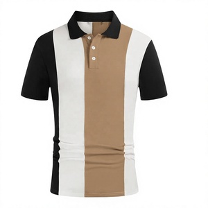 Polo pour homme à blocs de couleur, manches courtes, tricoté, décontracté, coupe classique, noir, blanc, marron - Product Image 1
