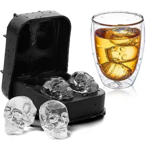 3D Schedel Vorm Silicone Ice Cube Mold Lade Vier Giant Schedels Zwarte Ronde Ice Cube Maker