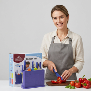 Ensemble de 10 couteaux en acier inoxydable poli avec manches en plastique, bloc de rangement bleu, passe au lave-vaisselle, collection de couverts de cuisine - Product Image 1