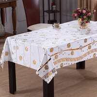 Nappe de table en PVC RNPT avec fleurs bicolores or et argent, bordure à motif grec et support en tissu pour la salle à manger à domicile