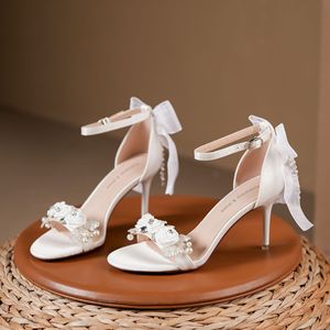 Bridal Shoes <b>Round</b> <b>Toe</b> Ankle Strap Stiletto <b>Heel</b> Satin Flower Decor High <b>Heel</b> Wedding Formal Occasion - Product Image 1