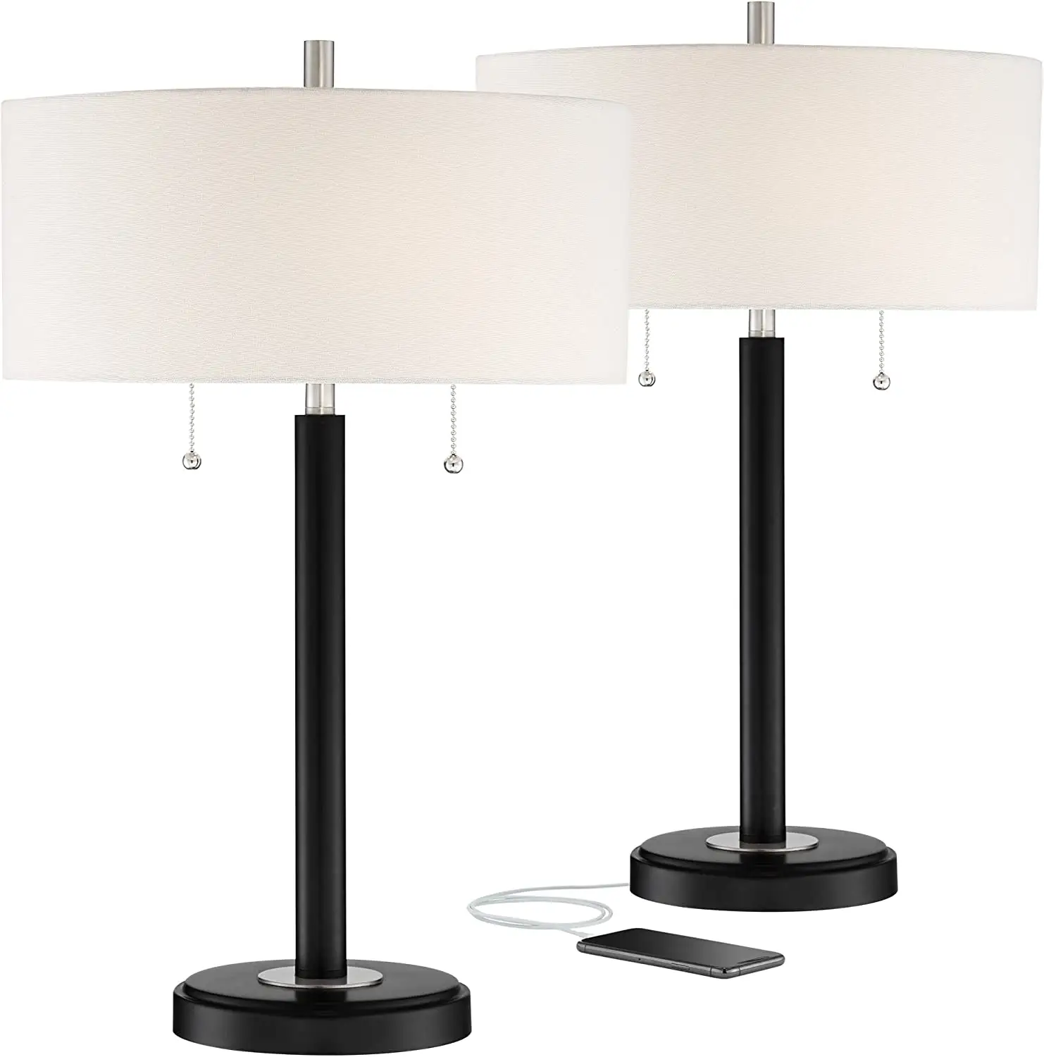 Table Lamps Set of 2 with USB Charging Port Black Metal White Fabric Drum Shade Decor for Living Room Desk Bedroom Hotel