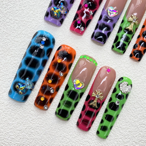 Lot de 10 faux ongles à presser faits <span class=keywords><strong>main</strong></span>, design exquis Y2K INS, carrés/coffin, en acrylique épais peint à la <span class=keywords><strong>main</strong></span>, personnalisables - Product Image 1