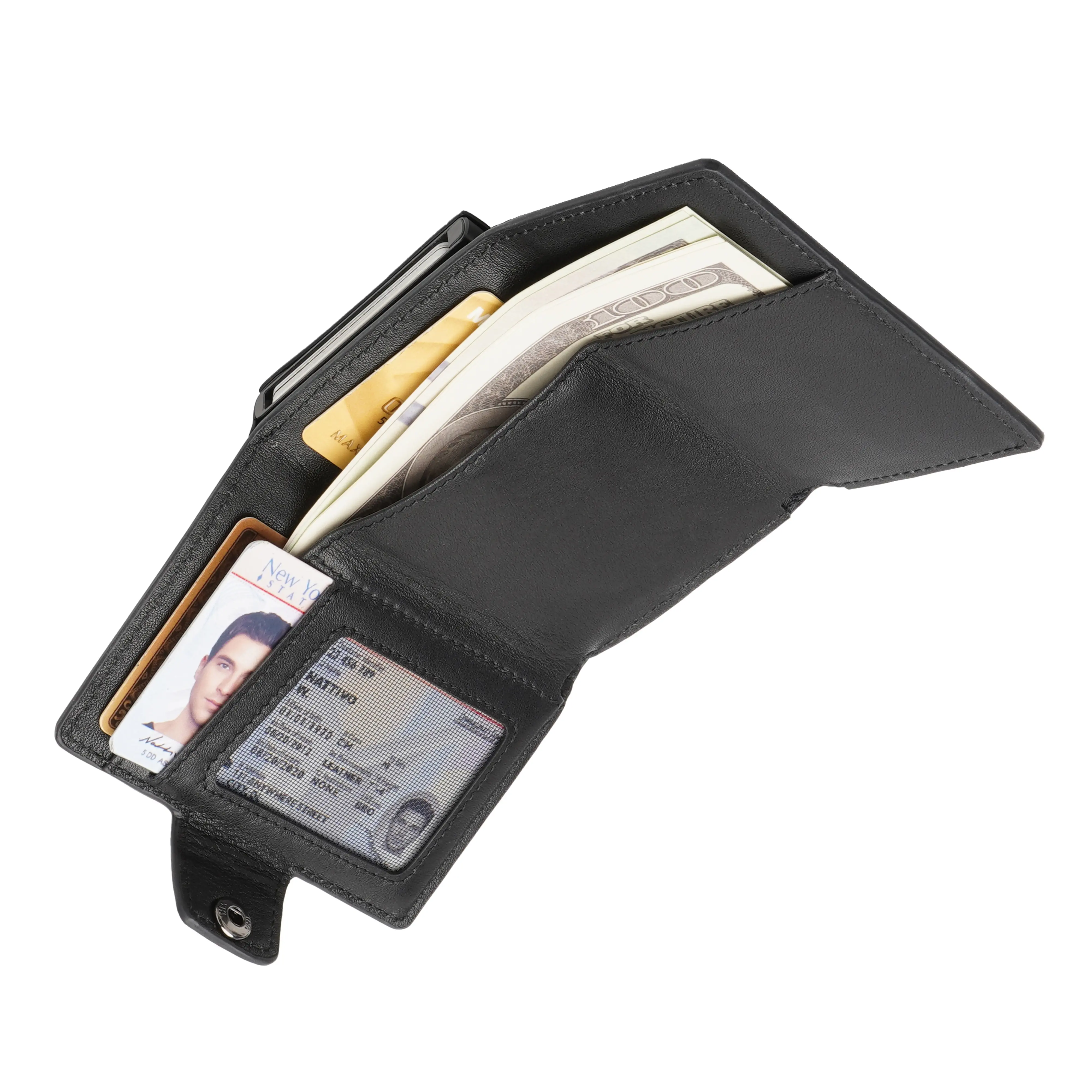 Portefeuille en aluminium en cuir 2023 Offre Spéciale avec fenêtre d'identification à l'intérieur du porte-carte à puce pop-up personnalisé pour hommes