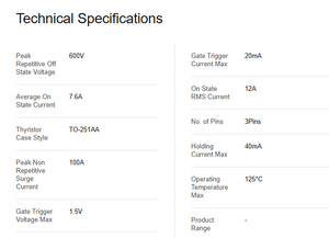 TAIYAN S6012VTP 1.5V Tiristor de 3 Pines TO-251 40mA 600V 125C Nuevo y Original - Product Image 6