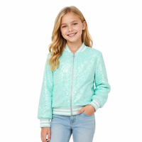 Blouson de baseball à paillettes pour enfants, vert menthe, rayé, côtelé, zippé, scintillant, pour filles, manteau de fête, vêtement d'extérieur de printemps pour enfants, collection boutique
