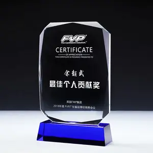 China Supplier wholesale Classic Sublimation Crystal Gift custom logo 3d laser engraved K9 Crystal Blank Trophy with blue base