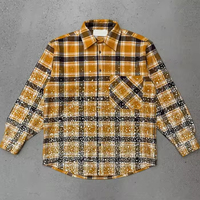 Kemeja Pria Oversize Kasual Distressed Vintage Acid Wash Plaid Kancing 100% Katun Berhias Rhinestone Flanel Lengan Panjang