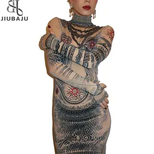 Gola elegante das mulheres impresso Midi vestido completo mangas malha impressão Body-shaping Partywear vestido