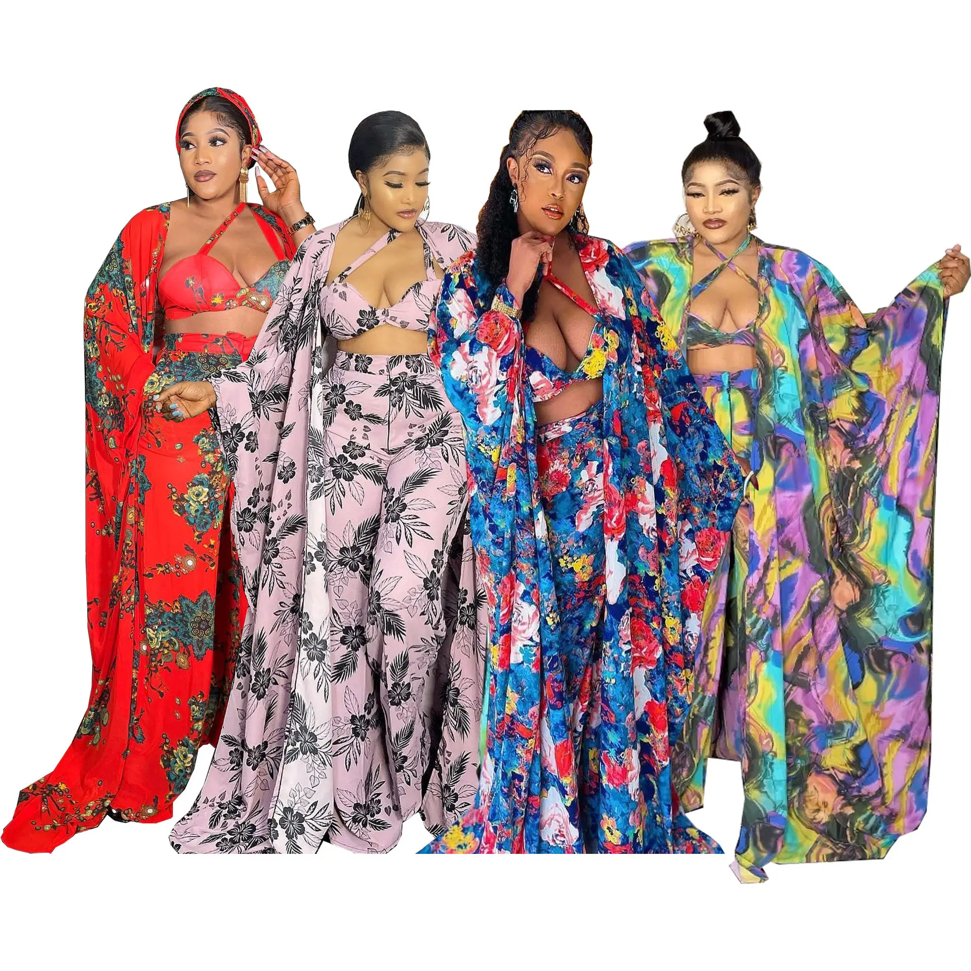 Fashion Digitale Gedrukt Losse Jurk Met Broek En Beha Hoofddoek 4 Sets Voor Afrikaanse Vrouwen