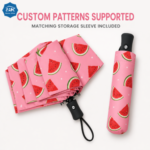 Parapluie pliant automatique compact de voyage, certifié BSCI, imprimé pastèque rose, pour le soleil et la pluie, avec pochette de rangement - Product Image 1