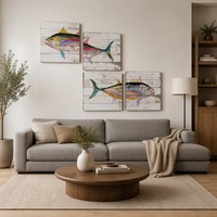 Lot de 4 tableaux muraux en aquarelle de thon, impressions sur toile encadrée, décoration marine côtière pour maison de plage