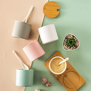 White Ceramic 300ml Porcelain Condiment Jar <b>Bamboo</b> Lid Spoon Cylinder Shape Handmade Gravure Printed Easter Spice <b>Container</b> Low - Product Image 4